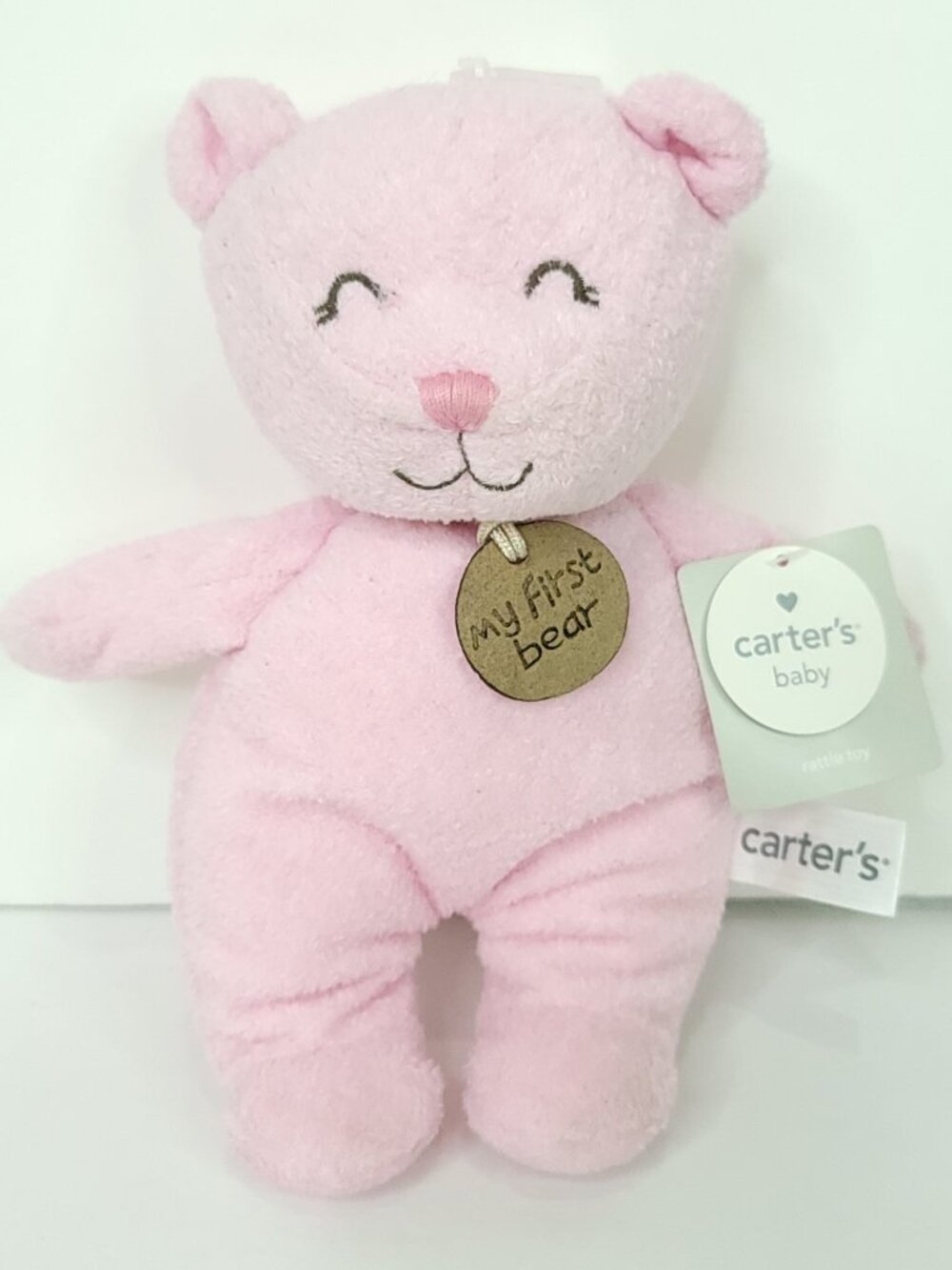 Carters Pink My First Bear Plush 9" Stuffed Animal Rattle Baby Lovey Closed Eyes